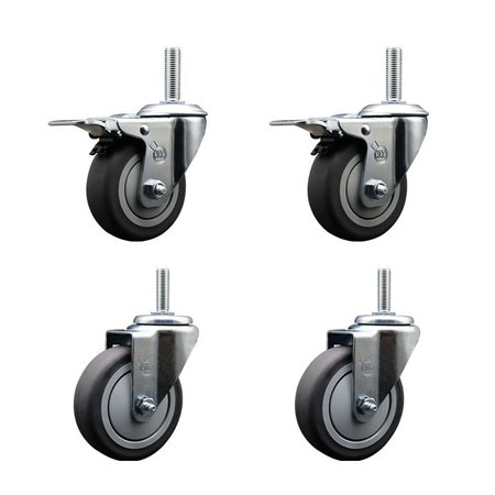 SERVICE CASTER 4 Inch Thermoplastic  Rubber Swivel 34 Inch Threaded Stem Caster Set 2 Total Lock Brakes SCC-TSTTL20S414-TPRB-34212-2-S-2